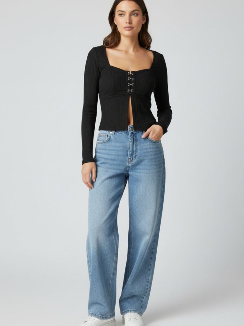 Boohoo Black Long Sleeve Hook & Eye Ribbed Top Size Small